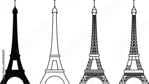 Eiffel Tower vector icon set, black silhouette and line art illustrations of Paris landmark
