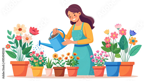 Cute woman watering flowers in pots, cheerful gardening vector illustration, flat colorful design