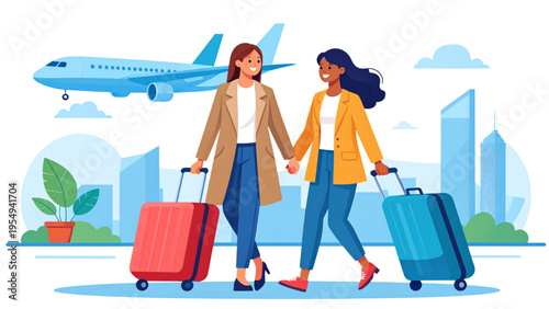 Two friends women traveling with luggage to airport, flat colorful vector illustration of travel and vacation