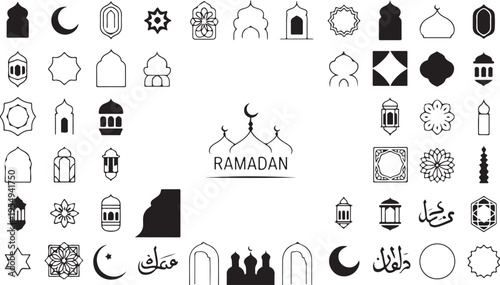 Ramadan icons set including mosques domes minarets lanterns stars crescent moon and Arabic calligraphy for Islamic holy month  symbols and signs