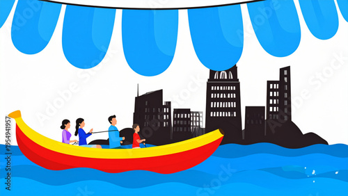 Adults and children riding a banana boat, fun water sports vector illustration, flat colorful design
