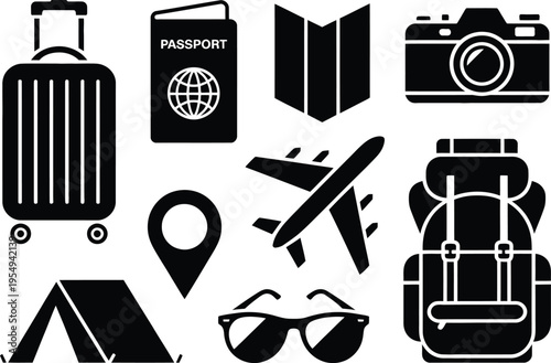 Travel and Adventure Icons: Luggage, Passport, Map, Photo Camera, Aircraft, GPS Pin, Camping Tent, Shades, Rucksack - Silhouette Collection, Location Pin