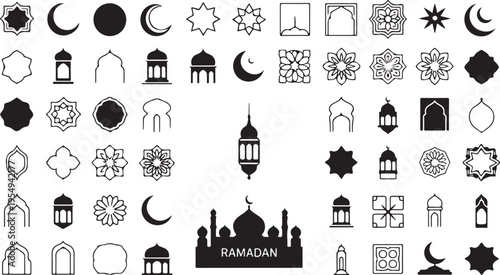 Ramadan icons set with mosque lantern moon star and floral patterns