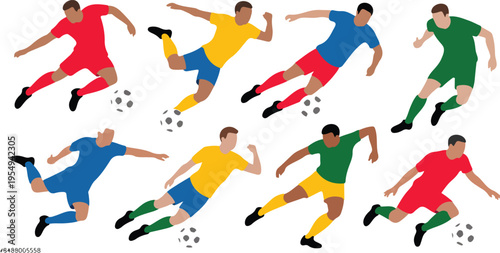 Cartoon Football Players Vector Set with Soccer Athletes in Uniform, Ball Action Poses, Goalkeeper Jumps, Running Footballers, Sport Competition