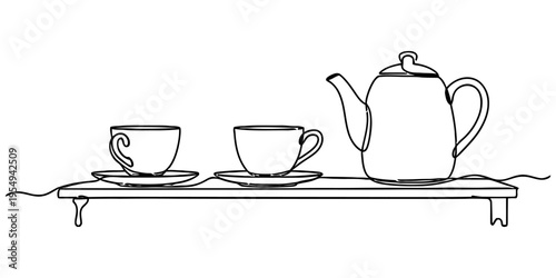 Minimalist Continuous One Line Drawing of Teapot and Teacups Set