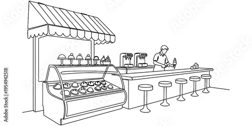Minimalist Continuous One Line Drawing of Retro Ice Cream Parlor
