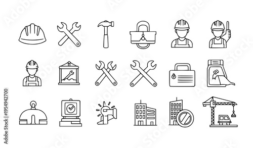 Modern construction and labor outline icons vector with renovation and tool symbols
