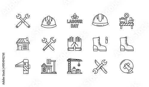 Labor and construction outline icons vector with renovation and worker symbols