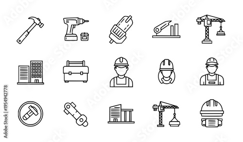 Minimal labour day and construction line icons vector with worker and tool symbols