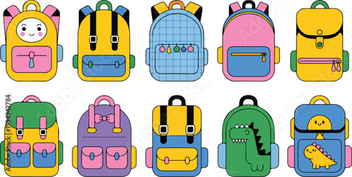 School Colored Backpacks Vector Set with Bright Kids Rucksacks, Patch Pockets, Keychains, Badges, and Student Accessories PNG Collection