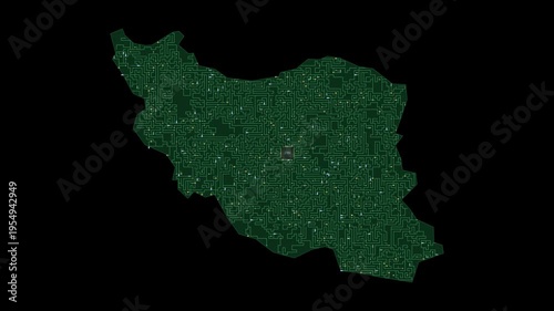 Circuit board map animation of Iran – Digital PCB Territory Visualization, Technology, Communication