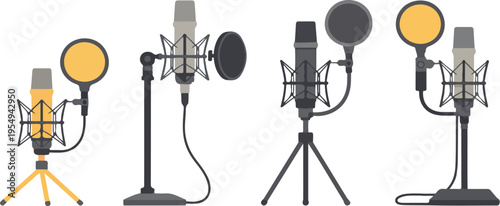 Microphones Vector Set for Sound Recording, Podcasting, Live Streaming, Radio Broadcast, Interviews, Media Studio, and Professional Audio Equipment Collection