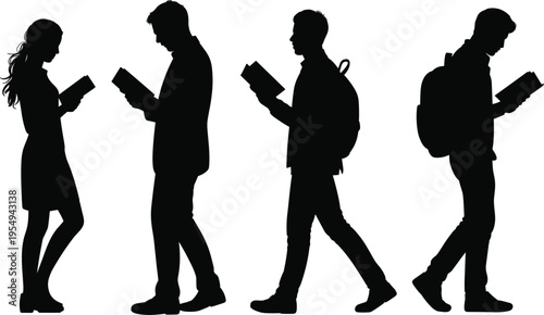 Silhouette of young students walking and reading books, university education and back to school