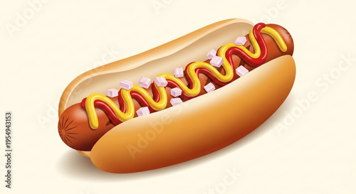 Delicious hot dog with mustard and ketchup on a bun isolated on a plain background perfect for food and snack concepts