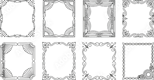 Art Deco Decorative Linear Frames Vector Set with Vintage Botanical Borders, Elegant Luxury Ornaments, Rectangular Filigree Line Flourish Collection