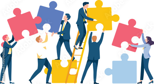 People Assembling Puzzle Vector Set with Tiny Characters, Teamwork Concept, Employees Joining Jigsaw, Business Problem Solving, Collaboration Illustration