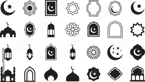 Ramadan Kareem and Eid Mubarak Islamic symbol icons set  crescent moon stars lanterns domes and arches for web design