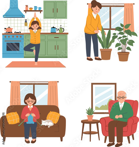 Senior people enjoying indoor hobbies including yoga in kitchen, gardening, knitting on sofa with cat, and relaxing in armchair at home.