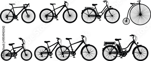 Bicycle silhouette illustration set, vintage modern BMX electric bike artwork, cycling vector design concept