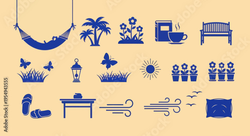 Summer Relaxation Icons: Hammock, Flowers, Bench, Sun, Butterflies, and More