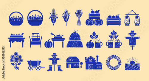 Autumn Harvest Icons Set: Pumpkins, Corn, Hay, Scarecrows, Barns, Sunflowers