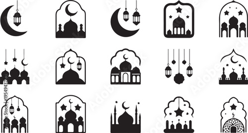Ramadan Kareem and Eid Mubarak Islamic symbols and mosque silhouettes with crescent moon and stars