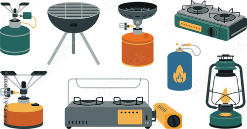 Camping Gas Stoves Vector Set with Portable Burners, Propane Tanks, Hiking Cookers, Expedition Kitchen Equipment, Camp Furnaces, Touristic Ovens