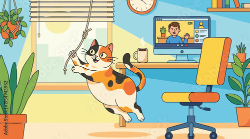Energetic calico cat playfully disrupting a sunny home office during a remote video call, swinging on a rope amidst houseplants