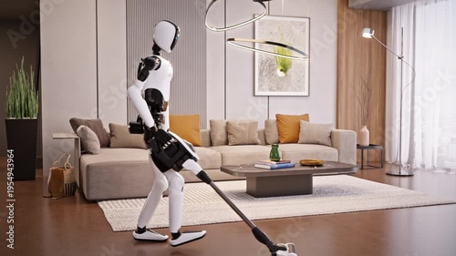 Wallpaper Mural AI-powered humanoid robot cleaning apartment, vacuuming a modern living room. Advanced household automation and AI housekeeping assistant. Future smart home technology. 3d animation rendering Torontodigital.ca