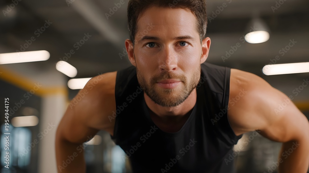 Fototapeta premium Focused male athlete in a gym looking directly at the embodying determination during a workout session
