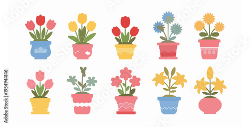 Cute Colorful Spring Flowers in Pots Vector Illustration on White Background