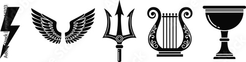 Black silhouette collection of ancient Greek mythology symbols including Zeus lightning bolt Hermes wings Poseidon trident Apollo lyre and a sacrificial chalice cup
