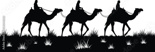Black silhouette of three people riding camels in a desert caravan through tall grass isolated on white background for travel and religious designs
