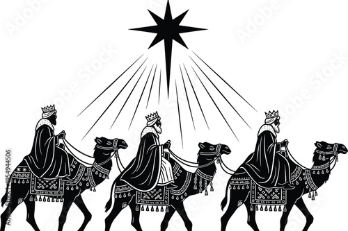 Black silhouette of three wise men riding camels following the bright Bethlehem star on a desert journey for the Christmas nativity story