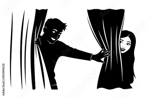 Couple Playing Hide and Seek Marriage Playfulness Fun Relationship Humor Joy Black Vector Silhouette