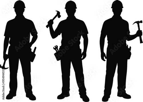 Construction worker and handyman silhouette set with hammer and hard hat, professional contractor vector