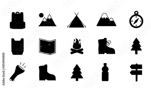 Hiking and outdoor adventure icons vector set with camping gear mountain symbols in flat line style isolated on white