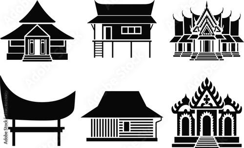 Traditional Southeast Asian house and temple silhouettes, cultural architecture icon set, oriental building vector