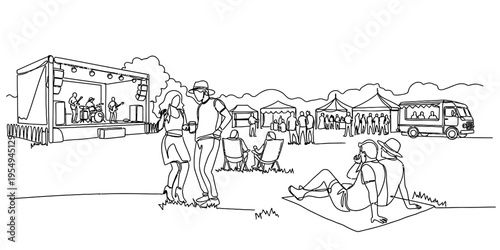 Continuous One Line Drawing of Outdoor Summer Music Arts Festival