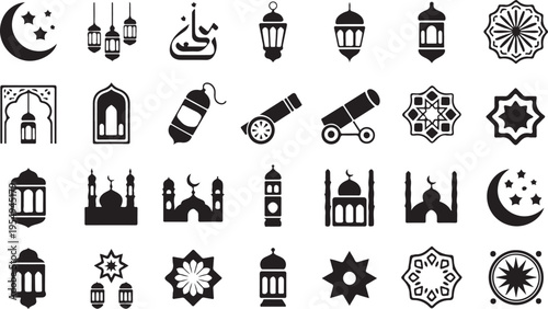 Ramadan Kareem icons set with mosque lanterns and crescent moon symbols