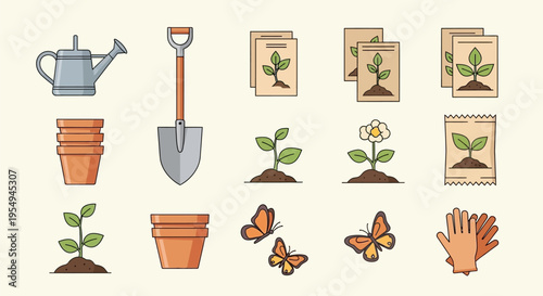 Gardening tools and plant growth stages with butterflies and gloves.