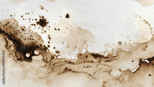 Ink wash abstract coffee stain splashes on white watercolor paper texture with copy space for text or design