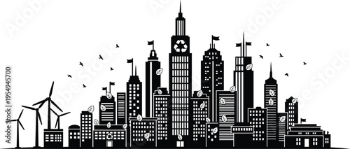 Eco city silhouette collection, sustainable skyline outline figure, green building motif illustration, renewable energy icon art, urban design graphic symbol