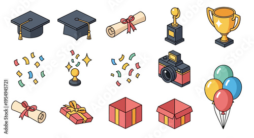 Isometric collection of graduation, celebration, and gift icons.