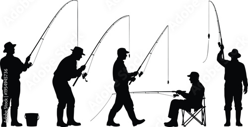 Fishing silhouette illustration set, people fishing rod posture artwork, recreational angling vector design concept
