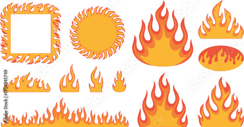 Flame Frame Collection with Curved Fire Shapes, Round Oval Square Fiery Borders, Hot Inferno Elements Vector Set