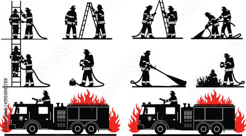 Firefighter silhouette collection, emergency outline figure, rescue motif illustration, fire icon art, safety design graphic, disaster response symbol image
