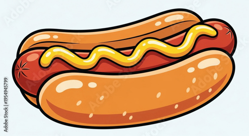 Delicious hot dog with mustard on a sesame seed bun tasty food illustration