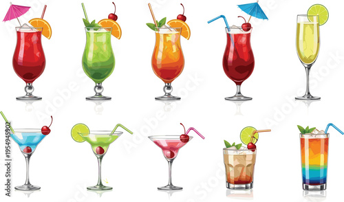 Colorful cocktail drinks vector illustration set, tropical beverages collection, alcoholic and nonalcoholic drinks, bar menu elements, summer refreshment concept, isolated glassware design bundle