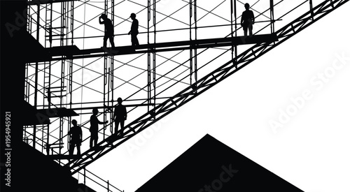 Construction workers on scaffolding vector illustration, silhouette building site scene, industrial labor teamwork, structural framework, engineering 